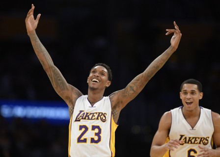 Jan 3 2016 Los Angeles CA USA Los Angeles Lakers guard Louis Williams and guard Jordan Clarkson react during the game against the Phoenix Suns at Staples Center. Mandatory Credit Richard Mackson-USA TODAY Sports