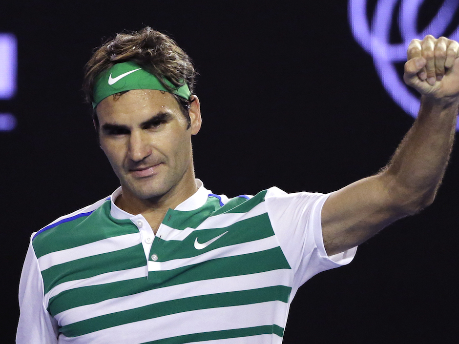 Roger Federer of Switzerland celebrates after defeating Grigor Dimitrov of Bulgaria in their third round match at the Australian Open tennis championships in Melbourne Australia Friday Jan. 22 2016