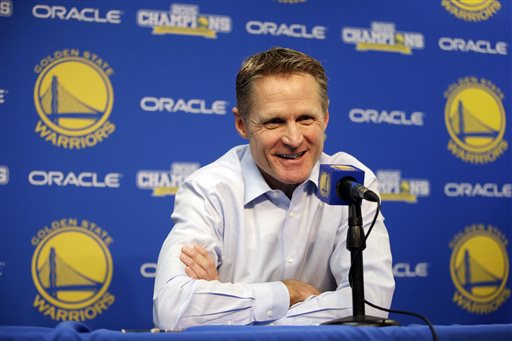 Golden State Warriors head coach Steve Kerr smiles during a news conference before an NBA basketball game against the Indiana Pacers Friday Jan. 22 2016 in Oakland Calif. Kerr is returning to the Warriors bench on Friday after a leave of absence dat