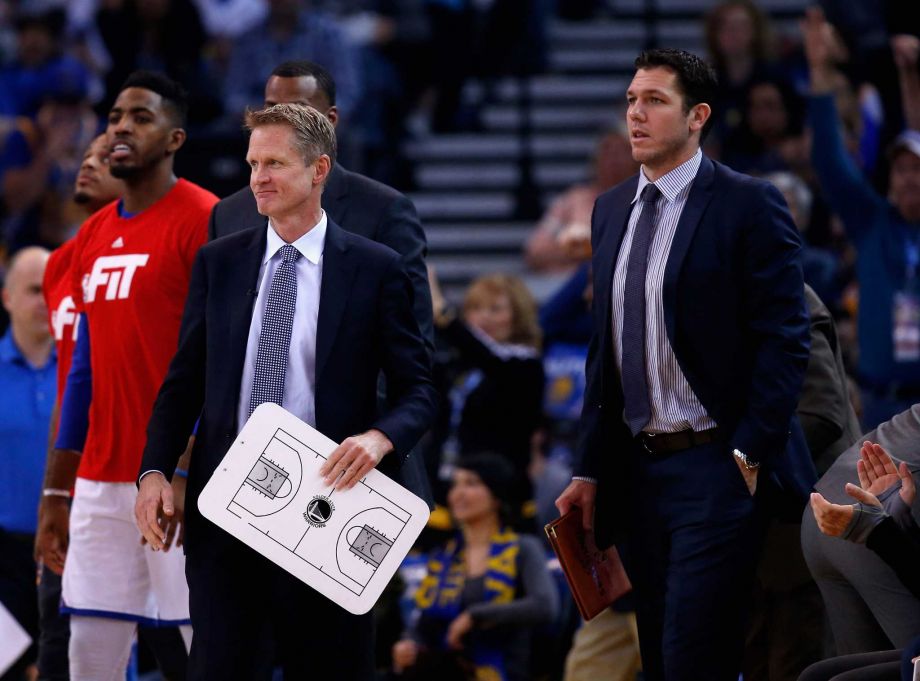 Coach Steve Kerr left was back in the saddle for the Warriors on Friday with his fill-in Luke Walton back at his side as an assistant