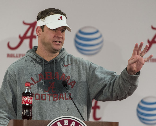 Alabama offensive coordinator Lane Kiffin talks with the media in the College Football Playoff press conference Wednesday Jan. 6 2016 at Naylor Stone Media Suite in Tuscaloosa Ala