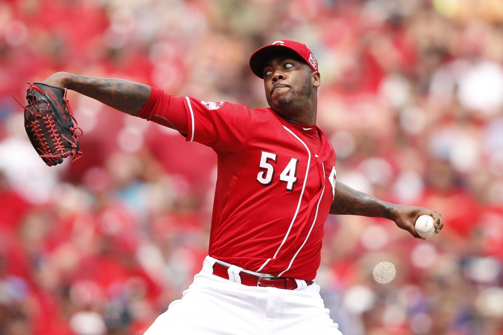 The Reds’ Aroldis Chapman pitches in the ninth inning against the Minnesota Twins at Great American Ball Park in Cincinnati Ohio