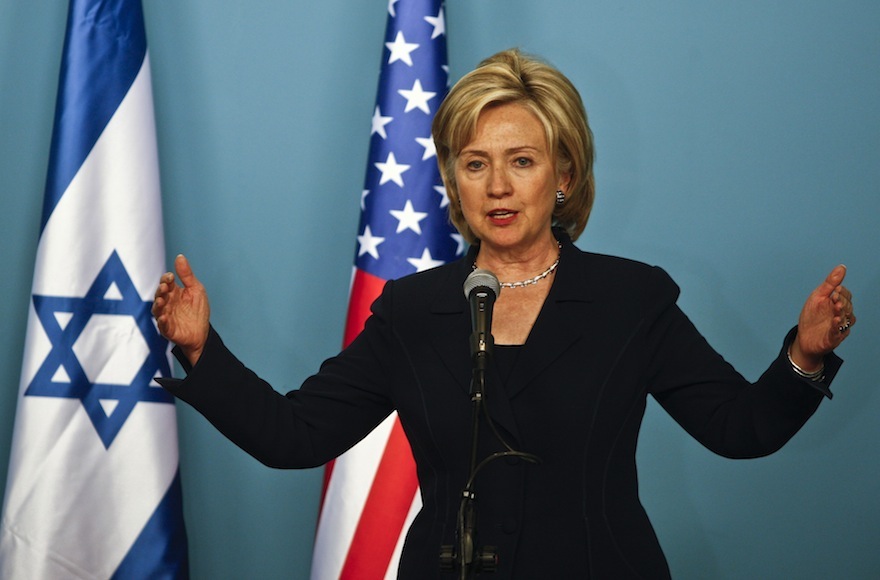 U.S. Secretary of State Hillary Rodham Clinton speaks at a press conference with Israeli Prime Minister Benjamin Netanyahu in Jerusalem Saturday Oct. 31 2009