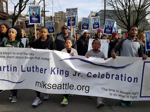 Youths led the MLK march down Jefferson chanting Justice not jail! as they approached the countys youth detention center