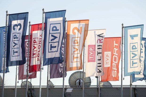 Banners with the names of Polish television stations