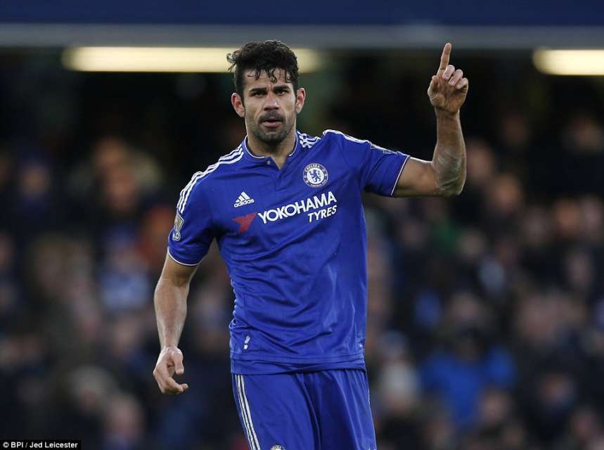 Diego Costa celebrates his goal for Chelsea against Everton on Saturday January 16