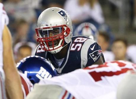 New England Patriots linebacker Darius Fleming in the second half of an NFL football game against the New York Giants Thursday Sept. 3 2015 in Foxborough Mass