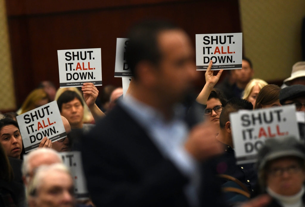 A Porter Ranch resident addresses an AQMD board over the continuing gas leak on Jan. 23 2016