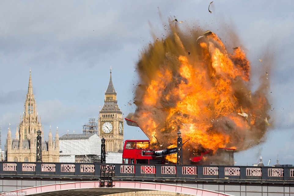 A bus exploded on Lambeth Bridge today for the filming of new Jackie Chan movie The Foreigner which features former James Bond Pierce Brosnan