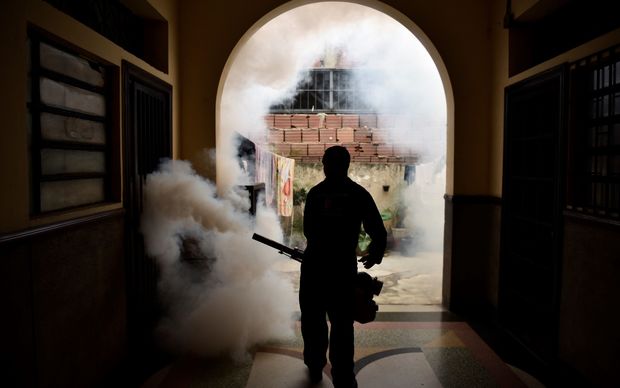 A health employee in Caracas Venezuala fumigates against Aedes mosquitos