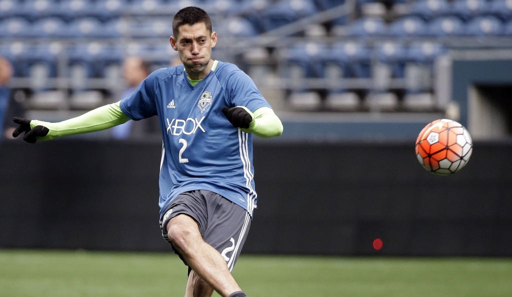 Seattle Sounders forward Clint Dempsey kicks during a soccer training session Monday Feb. 22 2016 in Seattle. The Sounders play Club America in the CONCACAF Champions League quarterfinal round on Tuesday