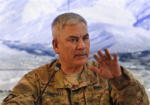 U.S. Army General John F. Campbell commander of U.S. and NATO forces in Afghanistan speaks during a news conference at Resolute Support headquarters in Kabul Afghanistan Saturday Feb. 13 2016. Speaking weeks before he ends his command Campbell conf