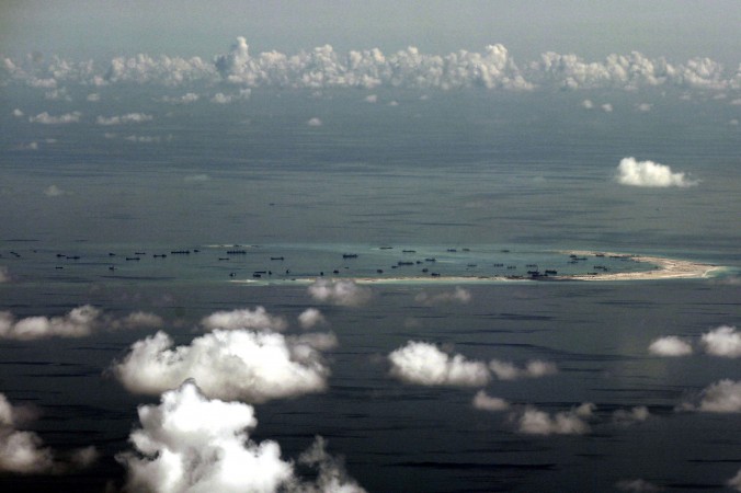 An aerial shot shows China's reclamation of Mischief Reef in the Spratly Islands in the South China Sea