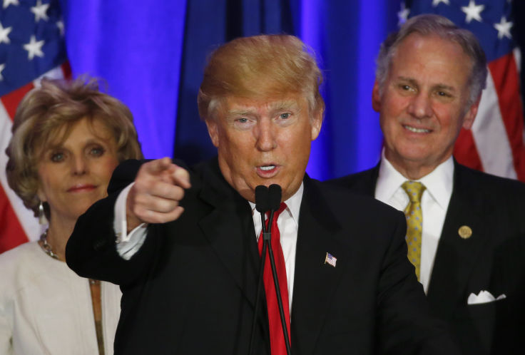 Republican presidential candidate Donald Trump speaks during a South Carolina Republican primary night event in Spartanburg S.C. on Saturday Feb. 20 2016