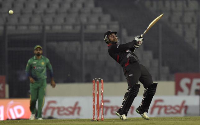 United Arab Emirates cricketer Shaiman Anwar plays a shot during the Asia Cup T20 cricket tournament match between Pakistan and United Arab Emirates at the Sher-e Bangla National Cricket Stadium in Dhaka on 19 February