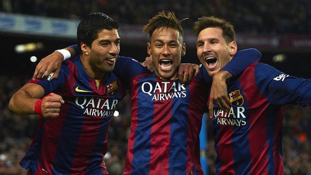 FC Barcelona's Lionel Messi from Argentine right Neymar from Brazil center and Luis Suarez from Uruguay celebrate after scoring against Atletico Madrid during a Spanish La Liga soccer match at the Camp Nou stadium in Barcelona Spain Sunday Jan