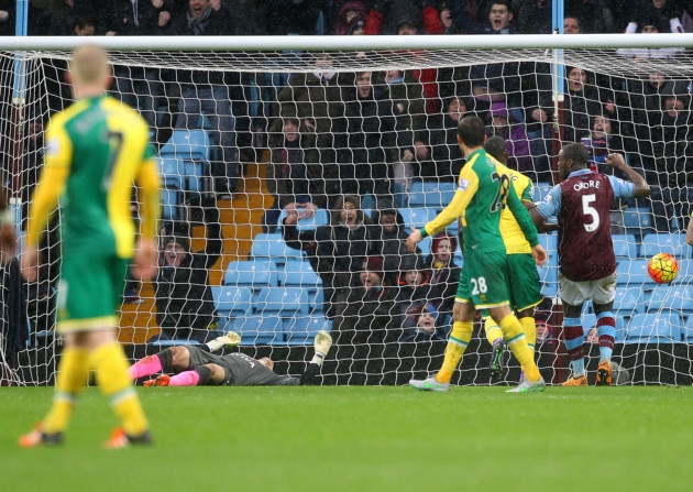 Joleon Lescott heads Aston Villa in front in a 2-0 Premier League win over Norwich City