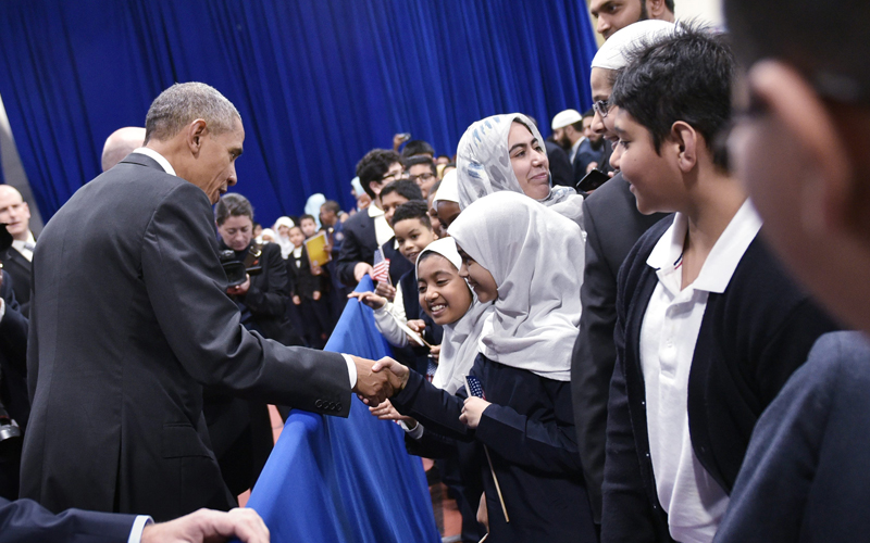 President Obama arrives at Maryland mosque