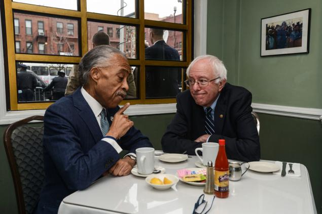 Democratic presidential candidate Bernie Sanders meets with the Al Sharpton for breakfast at Sylvia's Restaurant in Harlem on Wednesday