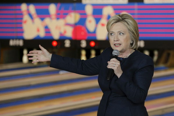 U.S. Democratic presidential candidate Hillary Clinton speaks at a campaign stop at the Family Fun Center in Adel Iowa