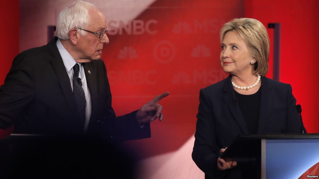 Democratic U.S. presidential candidate Senator Bernie Sanders speaks directly to former Secretary of State Hillary Clinton as they discuss issues during the Democratic presidential candidates debate at the University of New Hampshire. Many noted the