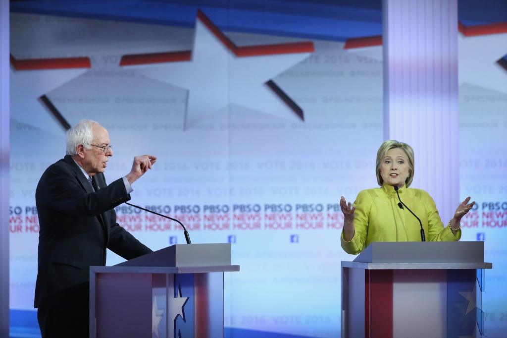 Democratic presidential candidate Senator Bernie Sanders and Hillary Clinton participate in the PBS News Hour Democratic presidential candidate debate at the University of Wisconsin Milwaukee