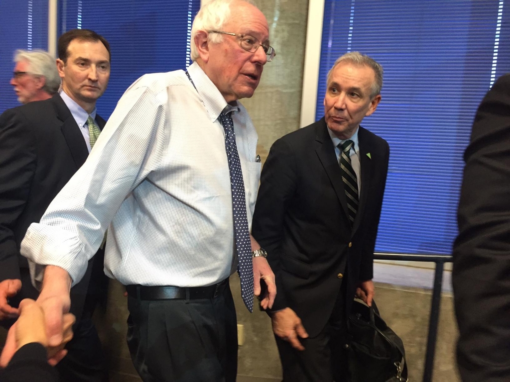 Bernie Sanders greets supporters during a forum in Reno on Feb. 13