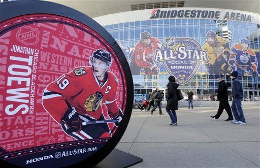 Chicago Blackhawks captain Jonathan Toews bottom left and Washington Capitals captain Alexander Ovechkin top left are featured on displays outside Bridgestone Arena home of the 2016 NHL hockey All Star game Thursday Jan. 28 2016 in Nashville Ten