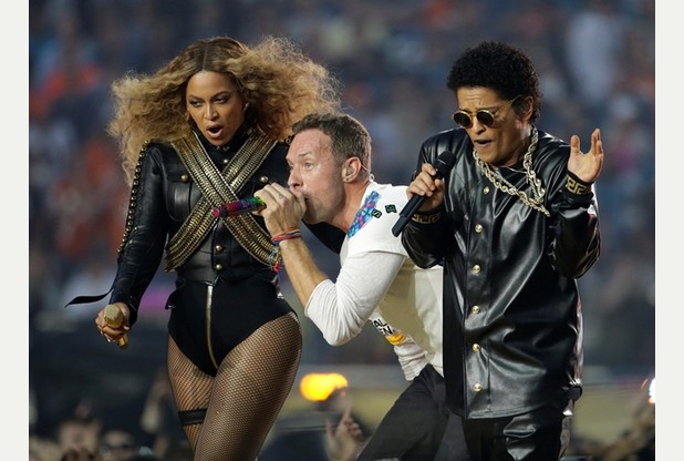 Beyonce Chris Martin of Coldplay and Bruno Mars perform at the Superbowl