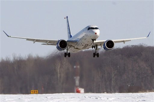 Bombardier CS300 makes it's maiden test flight in Mirabel Quebec. Bombardier announced Wednesday Feb. 17 2016 it will cut approx