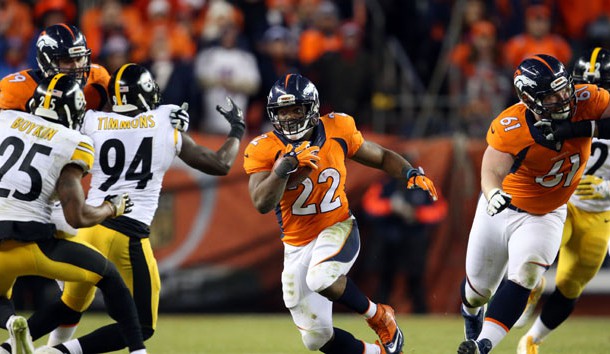 Jan 17 2016 Denver CO USA Denver Broncos running back C.J. Anderson runs against Pittsburgh Steelers defensive back Brandon Boykin during the fourth quarter of the AFC Divisional round playoff game at Sports Authority Field at Mile High. Ma