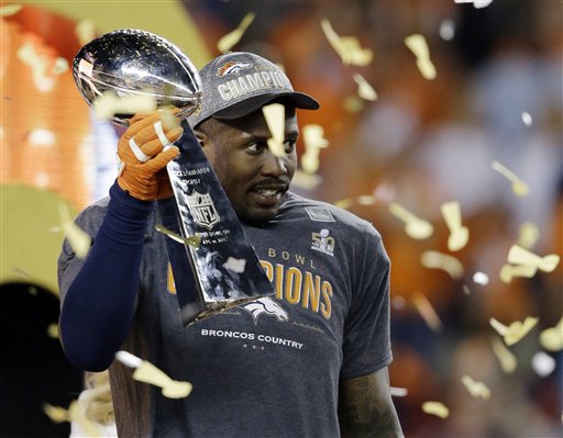 Denver Broncos Von Miller holds the trophy after the NFL Super Bowl 50 football game Sunday Feb. 7 2016 in Santa Clara Calif. The Broncos won 24-10