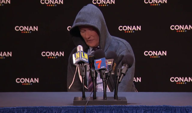 Conan O'Brien wore a hoodie and a sad face in Cam Newton interview impression