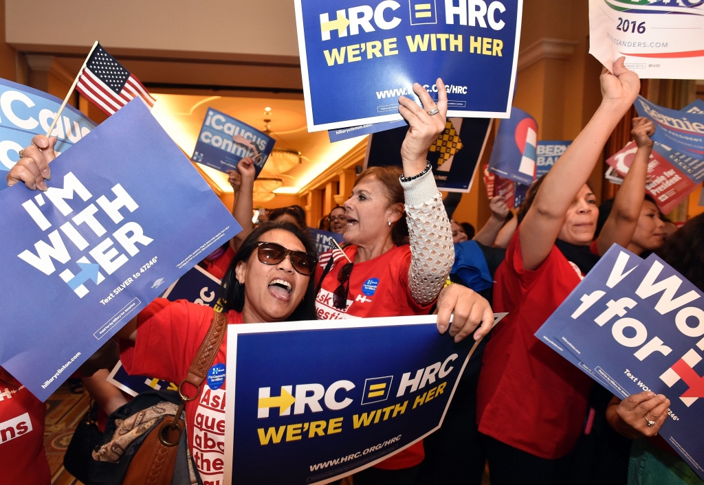 Naomi Barnes shows her support for democratic presidential candidate Hillary Clinton during the Nevada caucus in Las Vegas Nevada