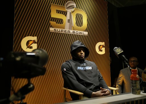 Carolina Panthers Cam Newton answers questions after the NFL Super Bowl 50 football game against the Denver Broncos Sunday Feb. 7 2016 in Santa Clara Calif. The Broncos won 24-10