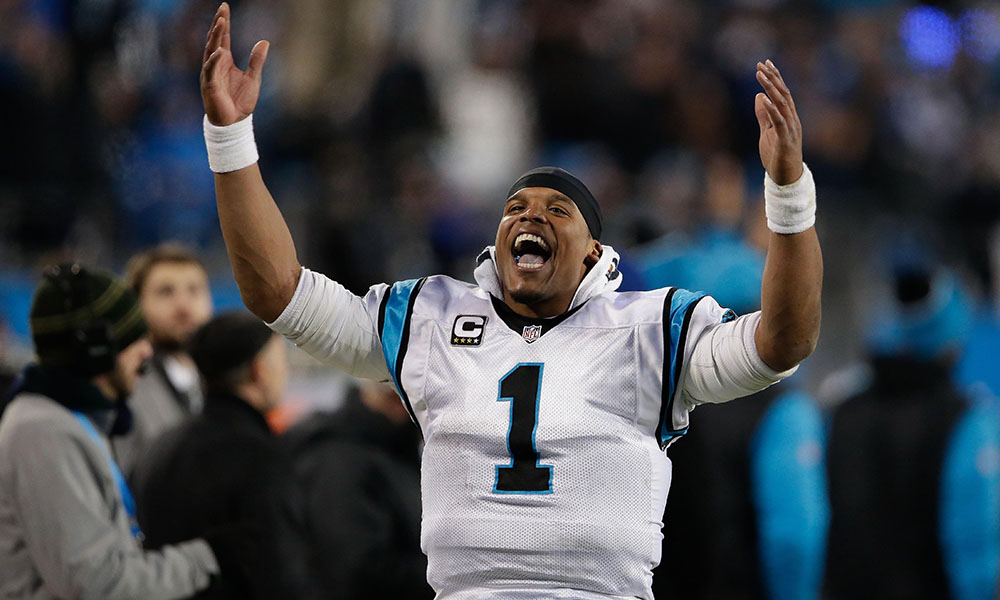 Jan 24 2016 Charlotte NC USA Carolina Panthers quarterback Cam Newton reacts to a play during the fourth quarter against the Arizona Cardinals during the NFC Championship football game held at Bank of America Stadium. Mandatory Credit Jeremy Bre