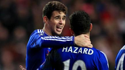 Goalscorers Oscar left and Eden Hazard celebrate during Chelsea's FA Cup stroll