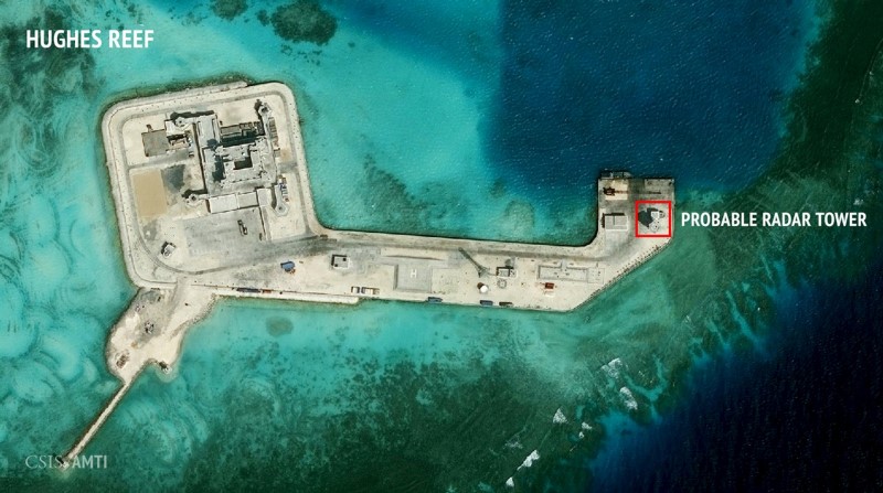 A satellite image released by the Asian Maritime Transparency Initiative at Washington's Center for Strategic and International Studies shows construction of possible radar tower facilities in the Spratly Islands in the disputed South China Sea in this