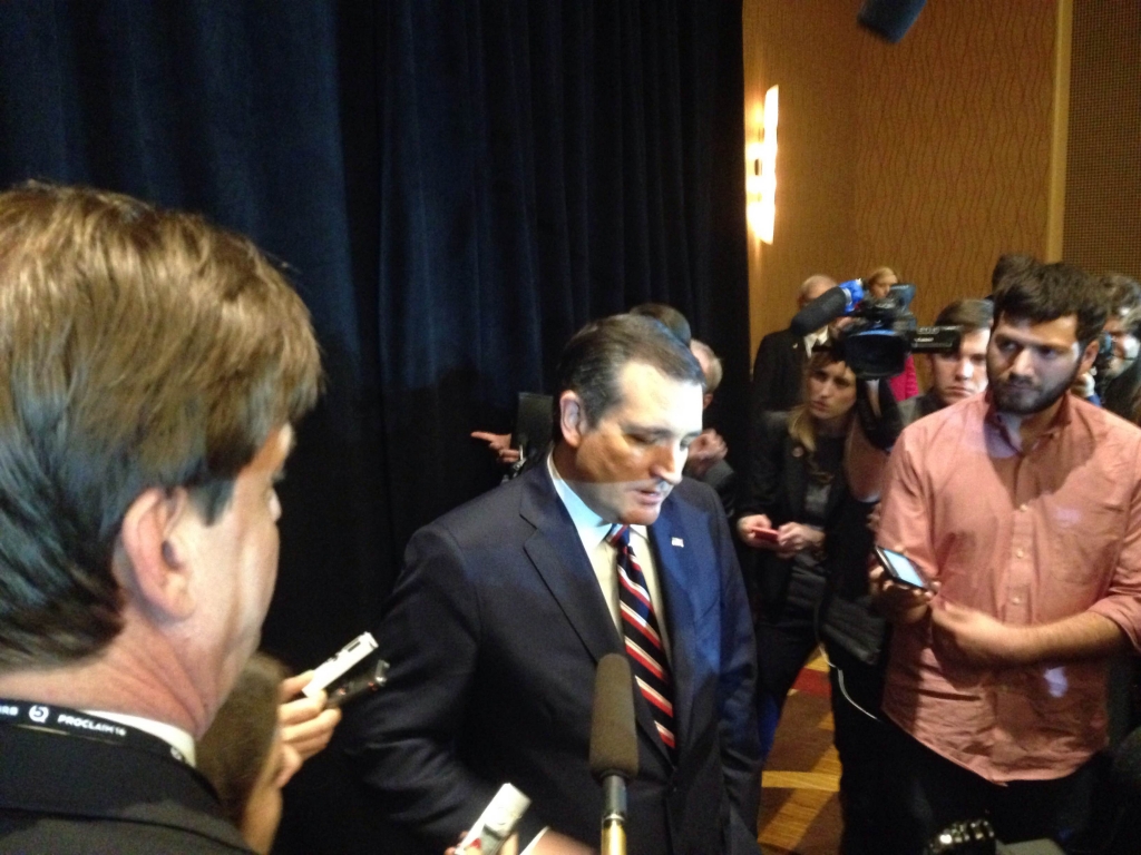 Presidential candidate Ted Cruz speaks to reporters after an event at the Gaylord Opryland Hotel in Nashville Tenn