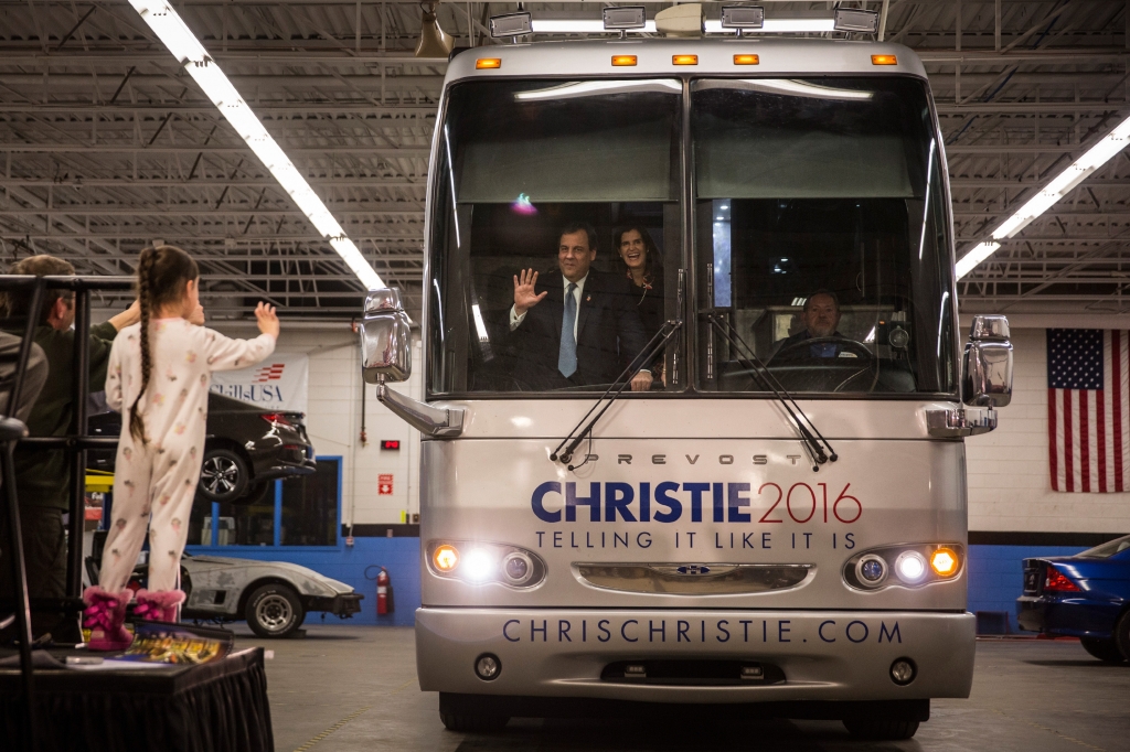 Republican presidential hopeful and New Jersey Gov. Chris Christie arrives at a campaign event by having his bus driven into a garage at Nashua Community College on Monday in Nashua N.H. Andrew Burton  Getty Images