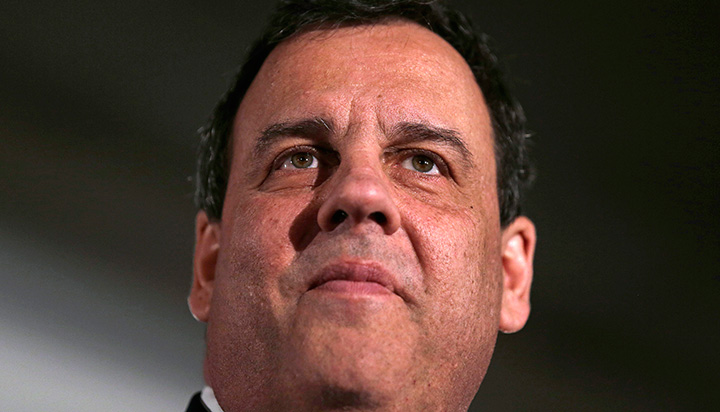 New Jersey Gov. Chris Christie thanks supporters during a primary night rally in Nashua N.H