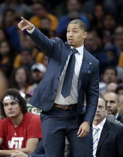 Cleveland Cavaliers head coach Tyronn Lue points in the first half of an NBA game against the Chicago Bulls on Saturday in Cleveland. AP