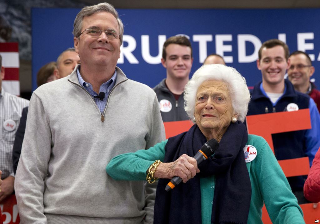 Barbara Bush jokes with her son Republican presidential candidate Jeb Bush while introducing him at a town hall meeting at West Running Brook Middle School in Derry N.H. Feb. 4 2016