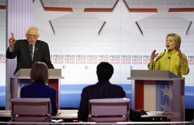 Democratic presidential candidates Sen. Bernie Sanders I-Vt and Hillary Clinton argue a point during a Democratic presidential primary debate at the Unive