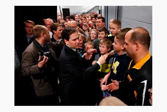 Republican presidential candidate Sen. Marco Rubio R-Fla. shakes hands with audience members during a campaign event Tuesday Feb. 23 2016 in Kentwood Mich