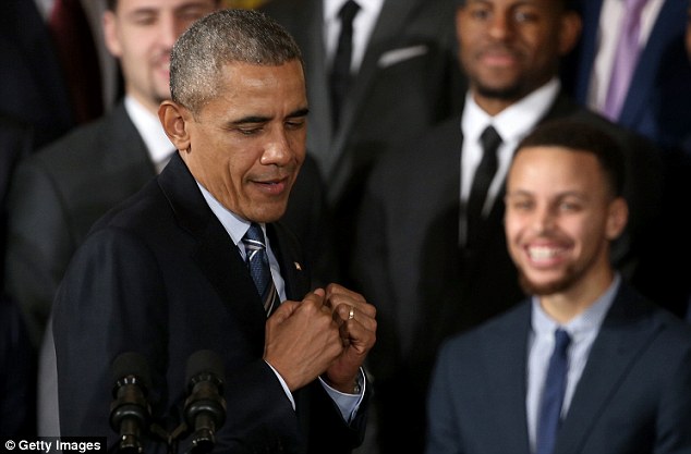 President Obama impersonated Golden State Warriors star Steph Curry'clowning at the White House on Thursday. He raised his fists and jumped up and down in a circle as Curry  laughed behind him