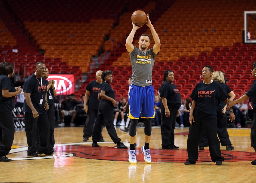 Feb 24 2016 Miami FL USA Golden State Warriors guard Stephen Curry warms up from half court prior to a game against the Miami Heat at American Airlines Arena. Mandatory Credit Steve Mitchell-USA TODAY Sports