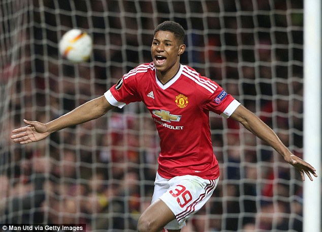 Debutant Marcus Rashford celebrates his second goal for Manchester United on Thursday evening