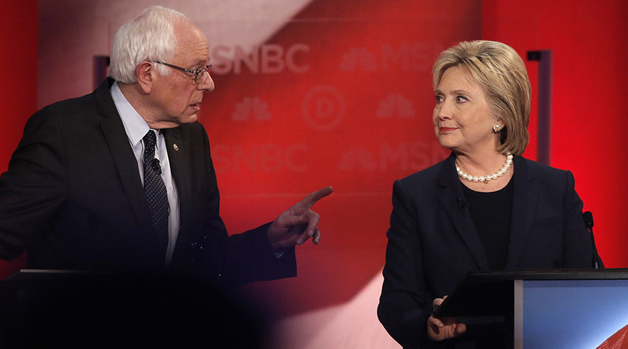 Democratic U.S. presidential candidate Senator Bernie Sanders speaks directly to former Secretary of State Hillary Clinton