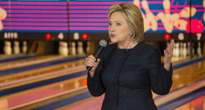 Democratic presidential candidate Hillary Clinton speaks during a campaign stop at a bowling alley in Adel Iowa